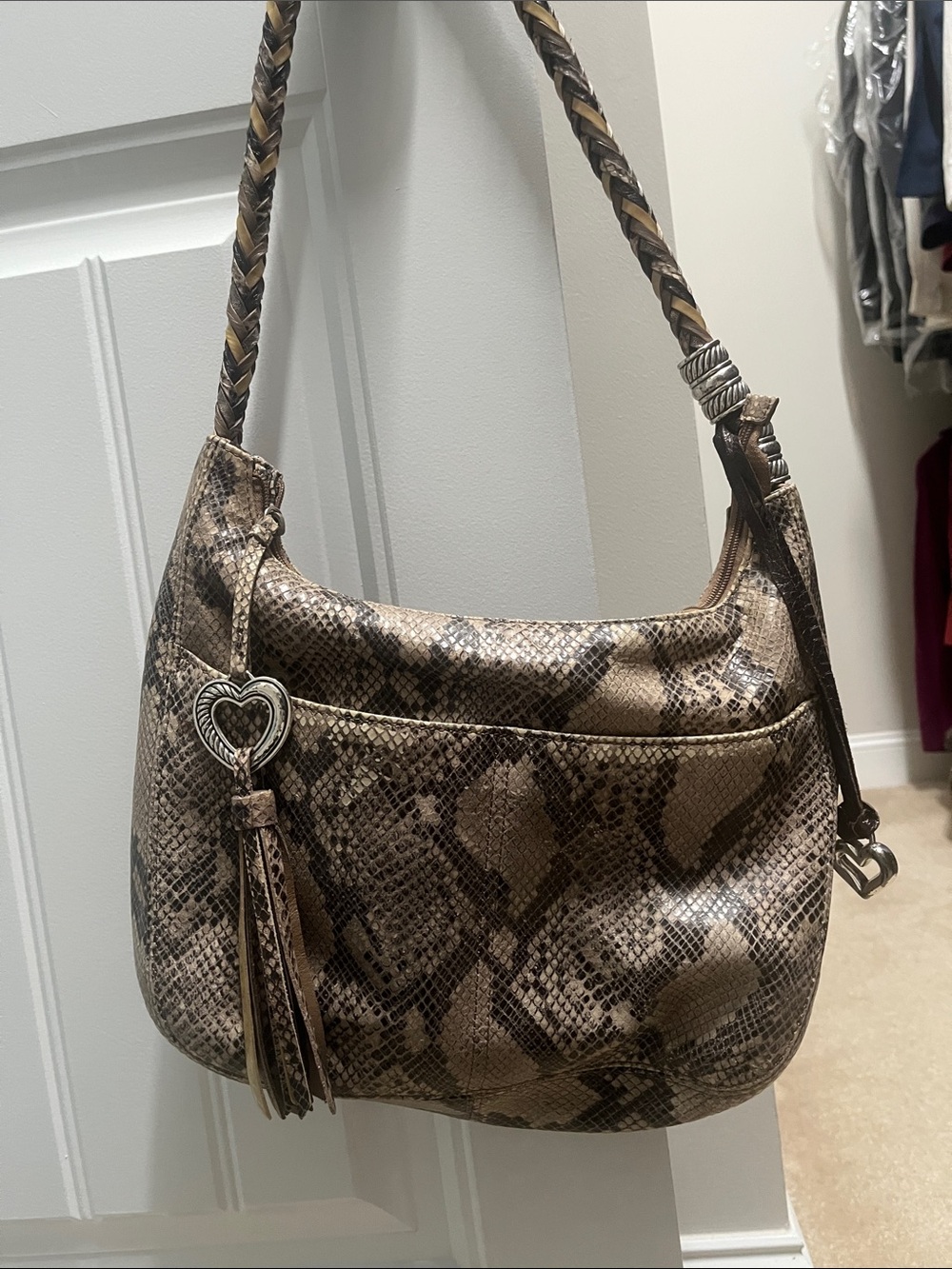 Brighton Snake-Print Hobo Bag in Tan and Black